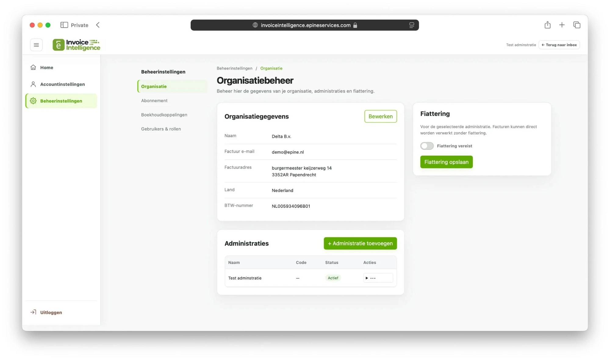 Organisatiebeheer in Invoice Intelligence met organisatiegegevens, administraties en de instelling voor fiattering