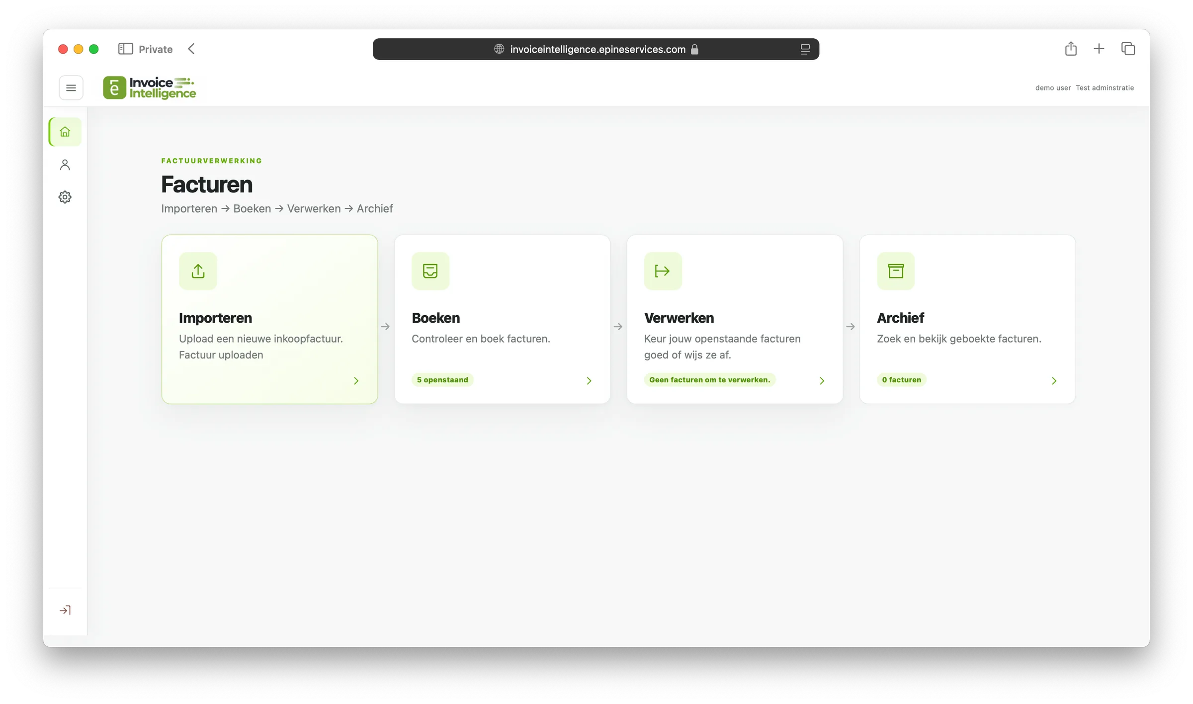 Startscherm van Invoice Intelligence met de stappen Importeren, Boeken, Verwerken en Archief en het aantal openstaande facturen per stap